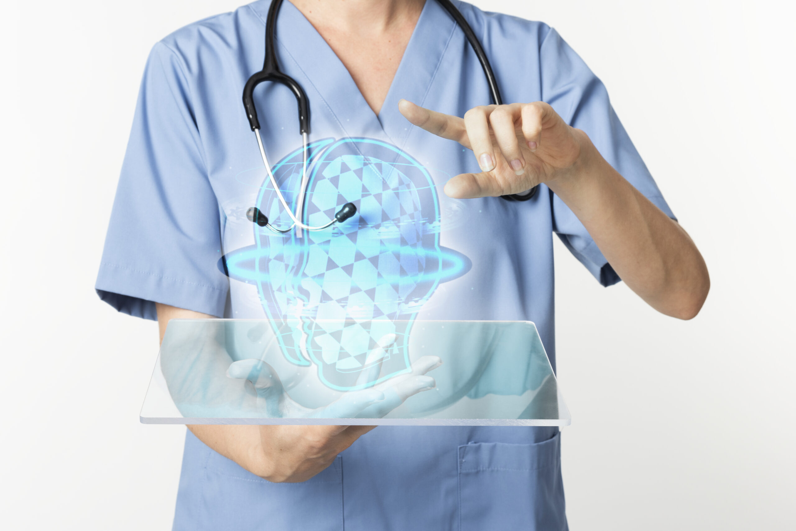 Doctors using transparent tablet with hologram medical technology